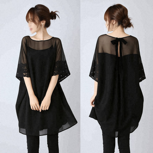 日系圓領蕾絲拼接喇叭袖後背蝴蝶結短袖-lululam