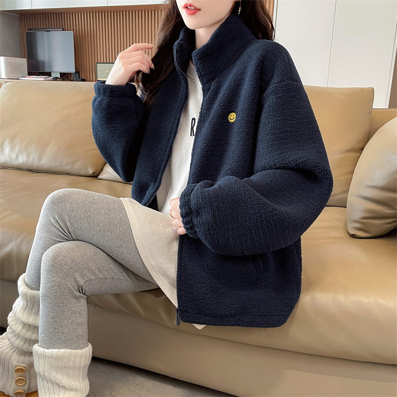 韓版笑臉刺繡拉鍊加厚立領羊羔絨外套
