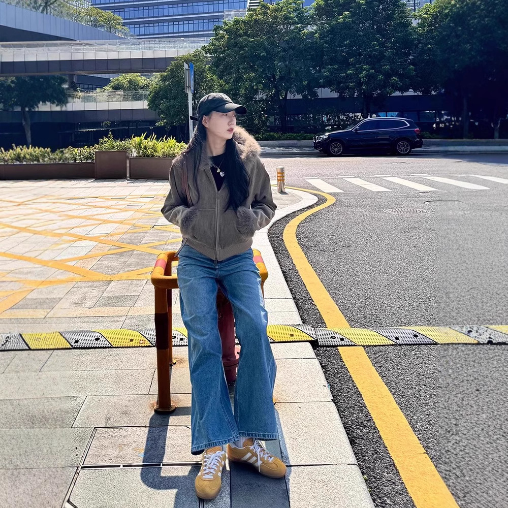 高腰垂感顯瘦寬鬆闊腿百搭直筒牛仔褲