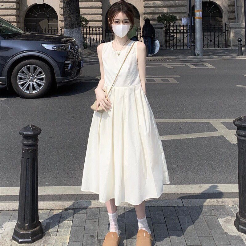 法式收腰顯瘦中長款蓬蓬大擺無袖洋裝-lululam