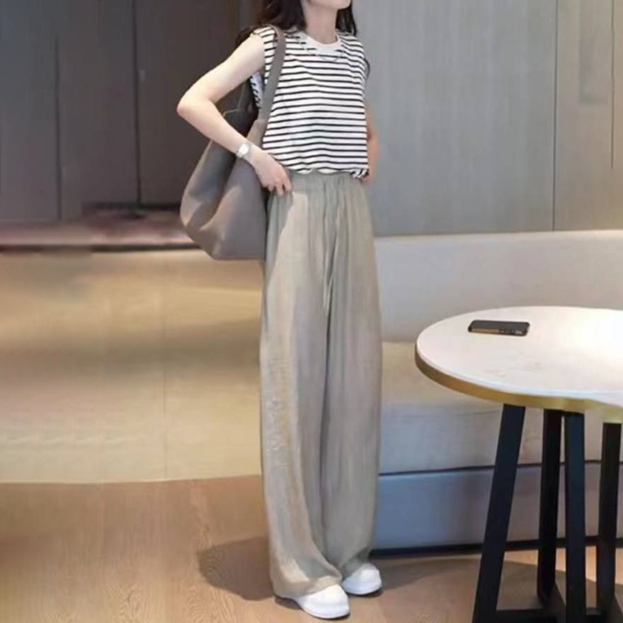 【套裝】小個子線稿韓版無袖T恤+冰絲闊腿褲裝兩件套裝-Cicichill