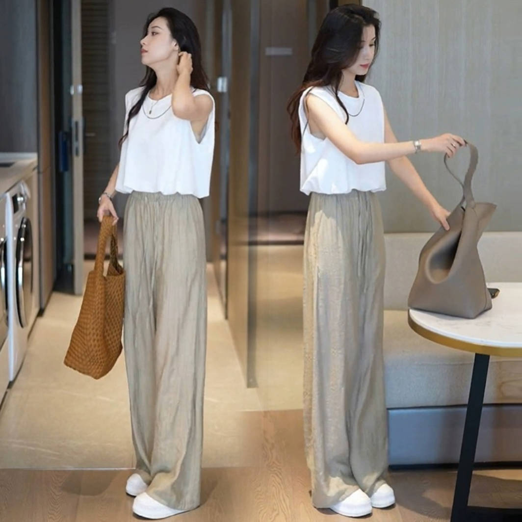 【套裝】小個子線稿韓版無袖T恤+冰絲闊腿褲裝兩件套裝-Cicichill