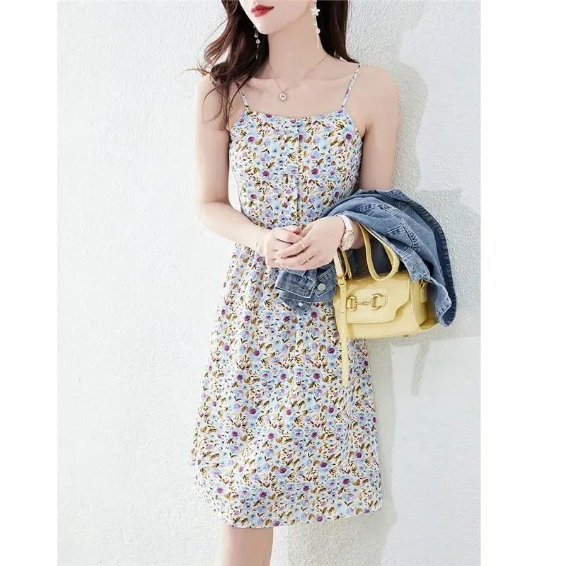 【單件/整套】韓版設計感短款牛仔外套+碎花吊帶連身裙兩件套裝