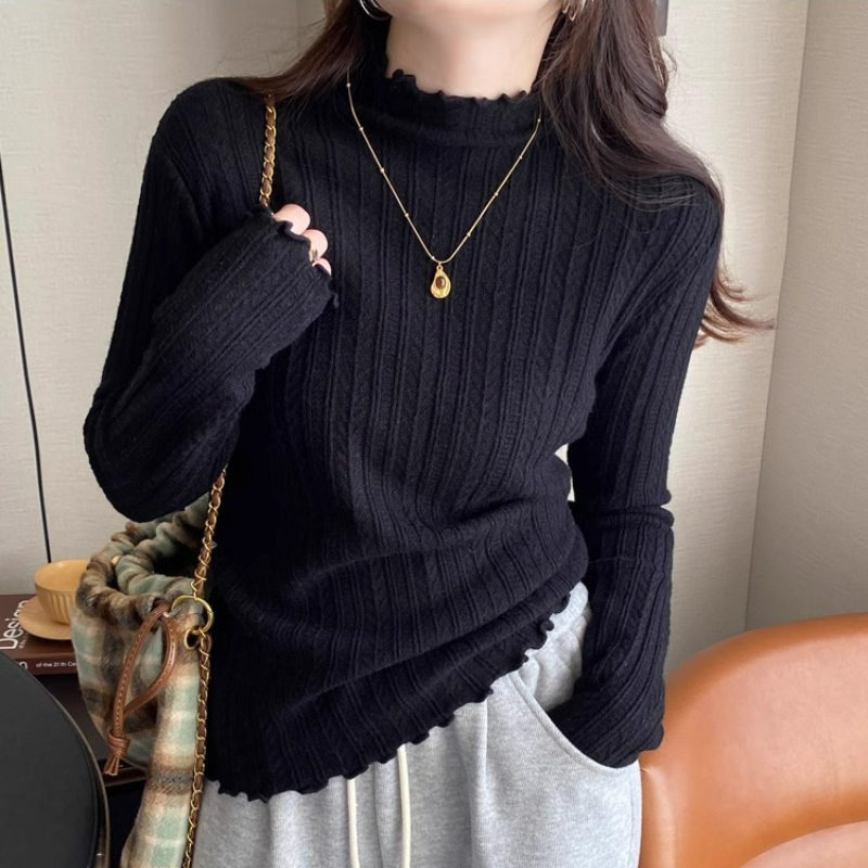精緻木耳邊半高領修身內搭軟糯針織打底衫