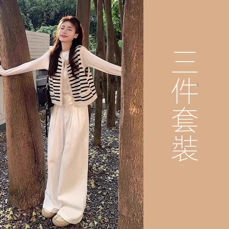 【單件/套裝】韓版ins條紋馬甲+長袖T恤+白色休閒牛仔褲三件套裝-lululam