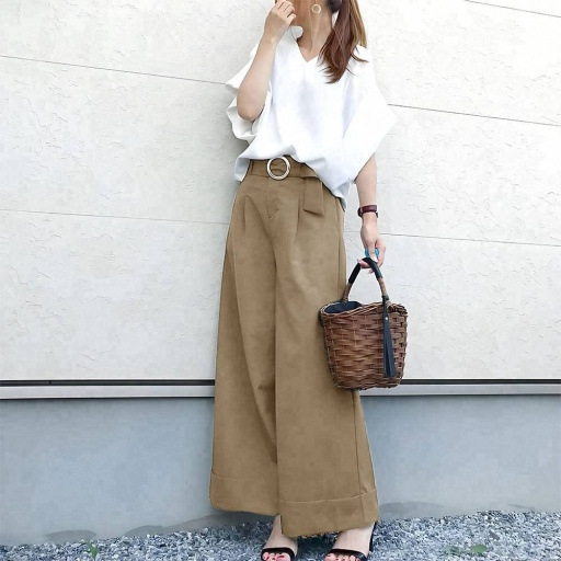 【套裝】日系v領蝙蝠中袖T恤+闊腿長褲兩件套裝-lululam