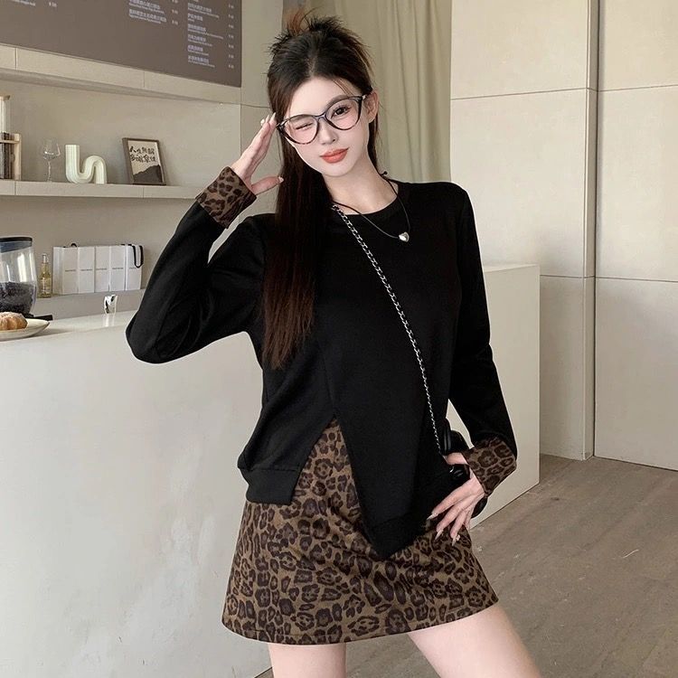 【單件/套裝】大碼不規則長袖T恤+顯瘦半身裙兩件套裝-lululam