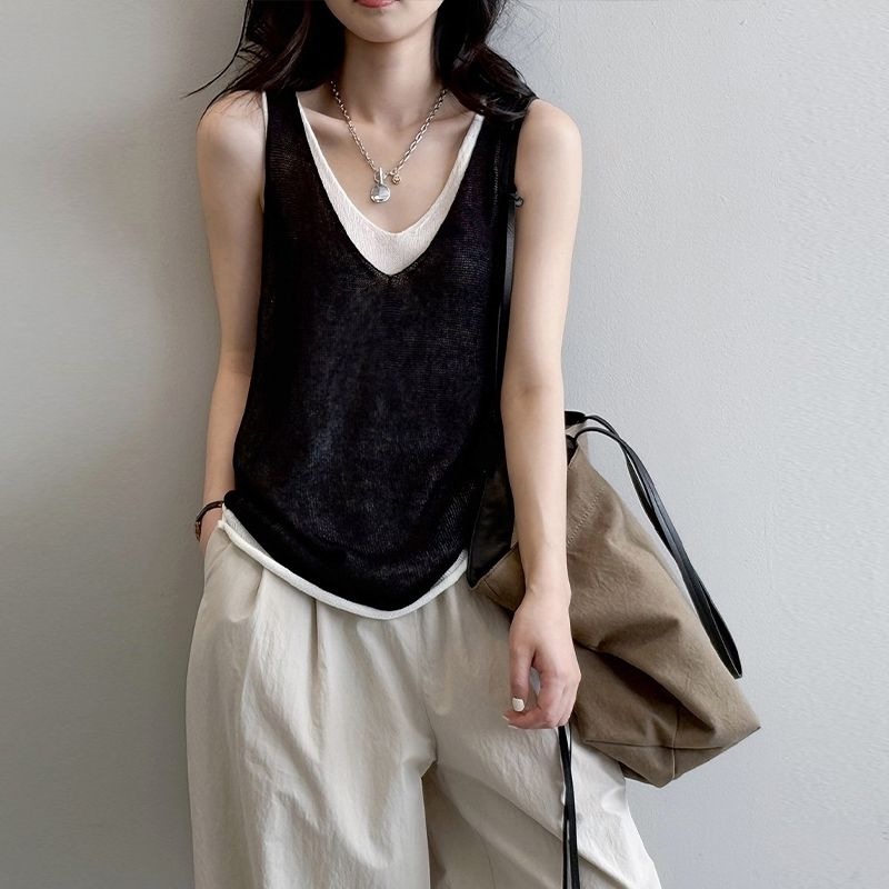 韓版撞色假兩件V領時尚吊帶背心