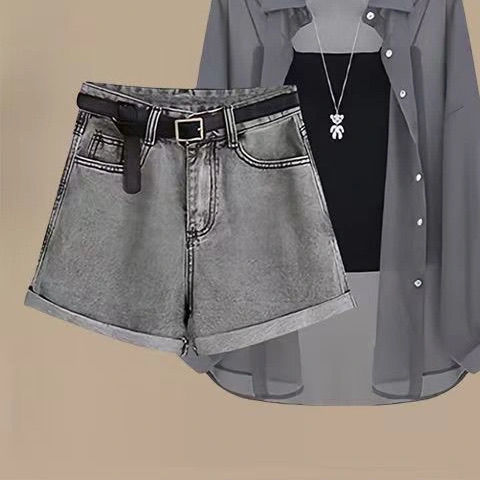 【單品/套裝】防曬襯衫吊帶牛仔短褲三件套裝-lululam