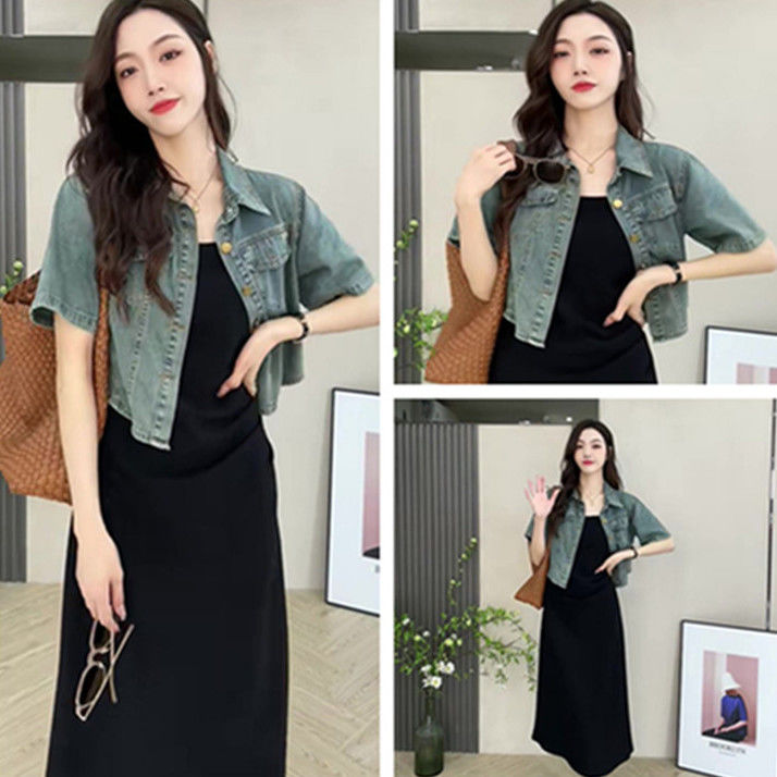 【單品/套裝】短袖牛仔外套吊帶連衣裙韓版休閒兩件套裝
