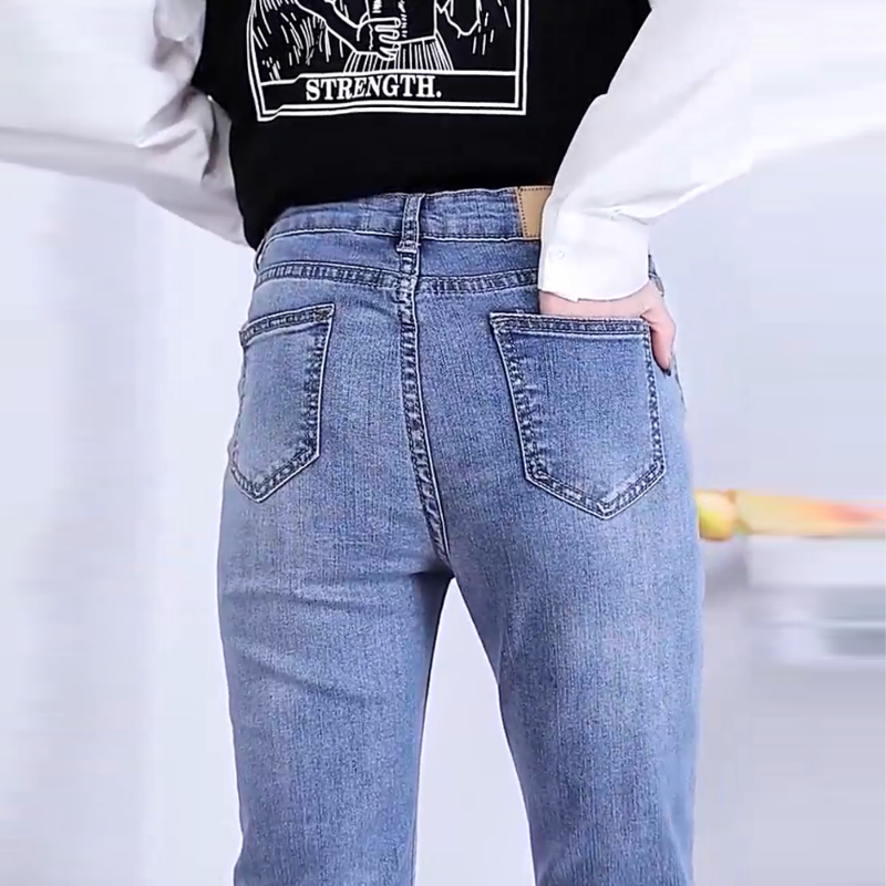 顯瘦高腰彈力緊身型破洞九分牛仔褲-lululam