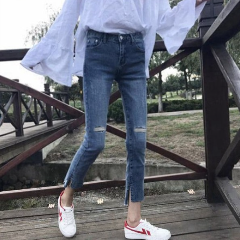 顯瘦高腰彈力緊身型破洞九分牛仔褲-lululam