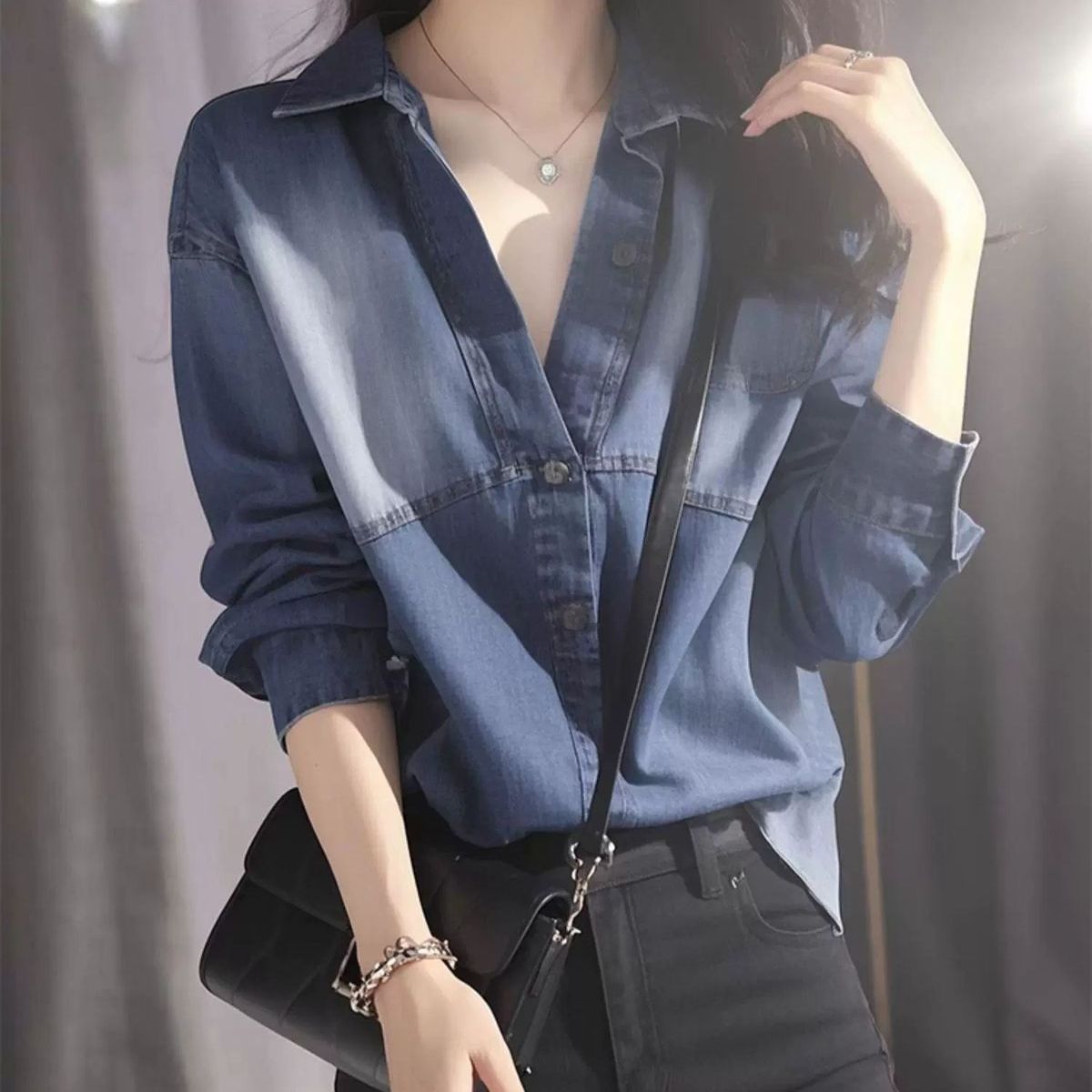 獨特別緻寬松顯瘦高級感長袖藍色牛仔襯衫-lululam