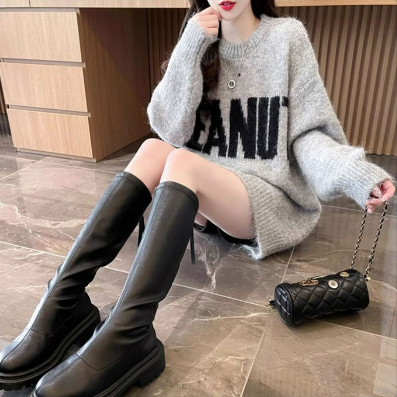 慵懶風寬鬆洋氣中長版針織毛衣