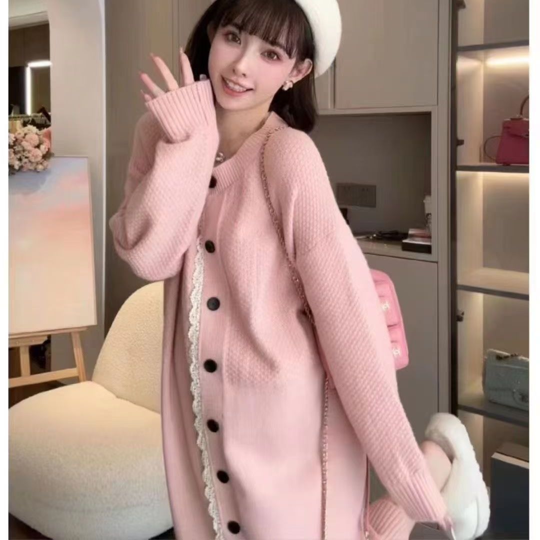 韓版慵懶寬鬆圓領針織開衫連衣裙