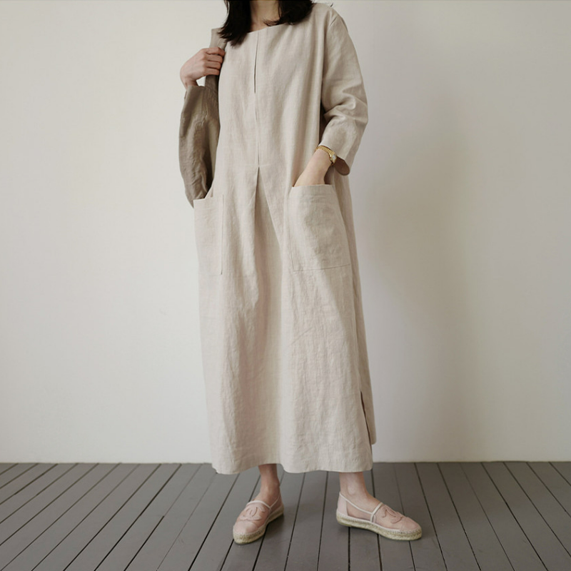 棉麻寬鬆韓版時尚大口袋中長休閒洋裝