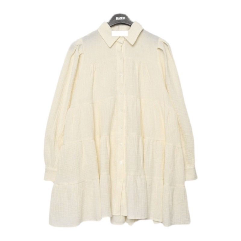 氣質翻領褶皺寬鬆單排泡泡甜美洋裝