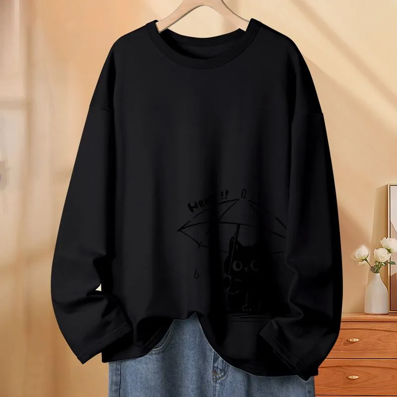 純棉薄款撐傘貓可愛圓領長袖T恤-lululam