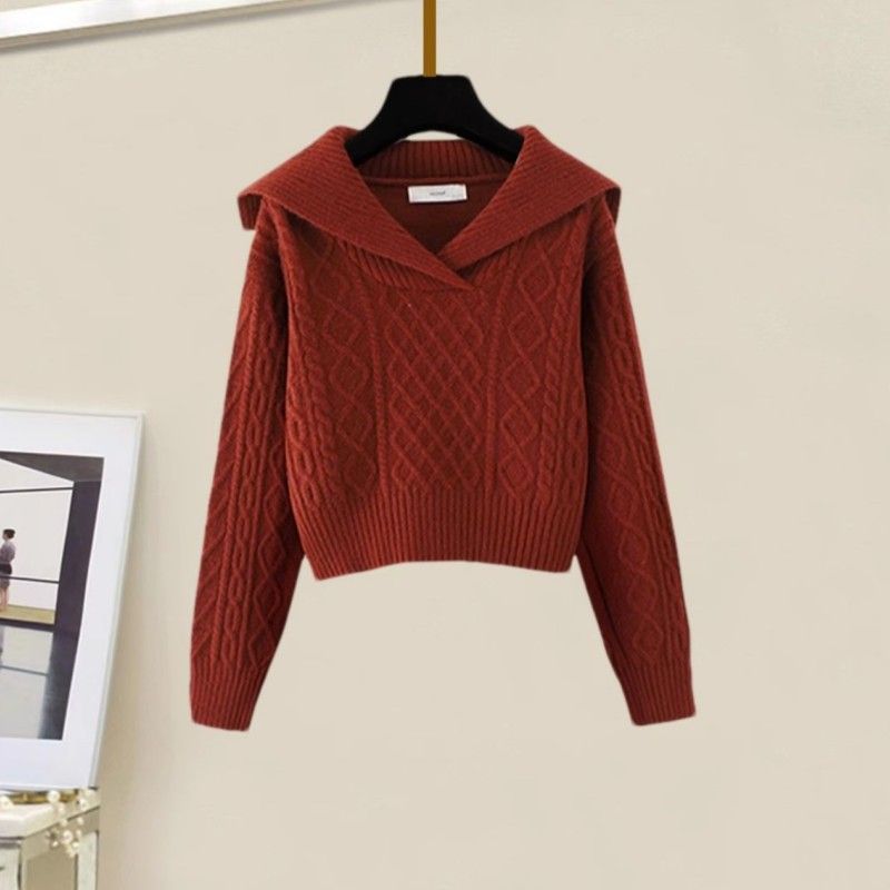 【單件/套裝】慵懶風娃娃領麻花毛衣+高腰A字針織半身裙兩件套