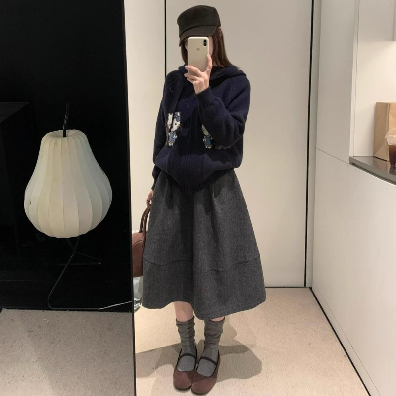 顯瘦寬鬆高腰百搭A字半身裙毛呢花苞裙