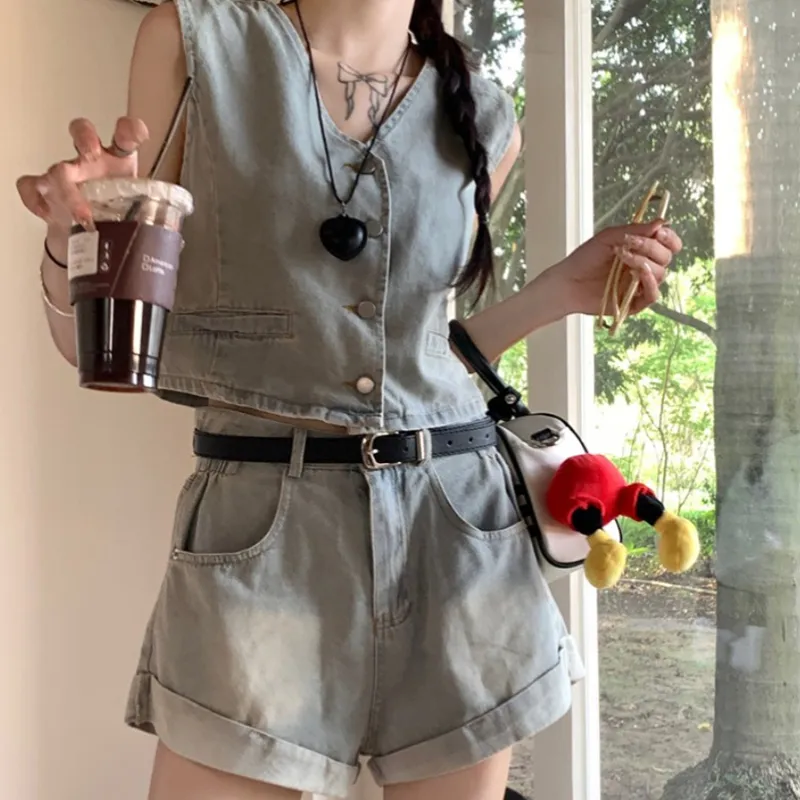 【單件/整套】復古辣妹短版馬甲背心牛仔褲短褲兩件套裝 商品圖 5