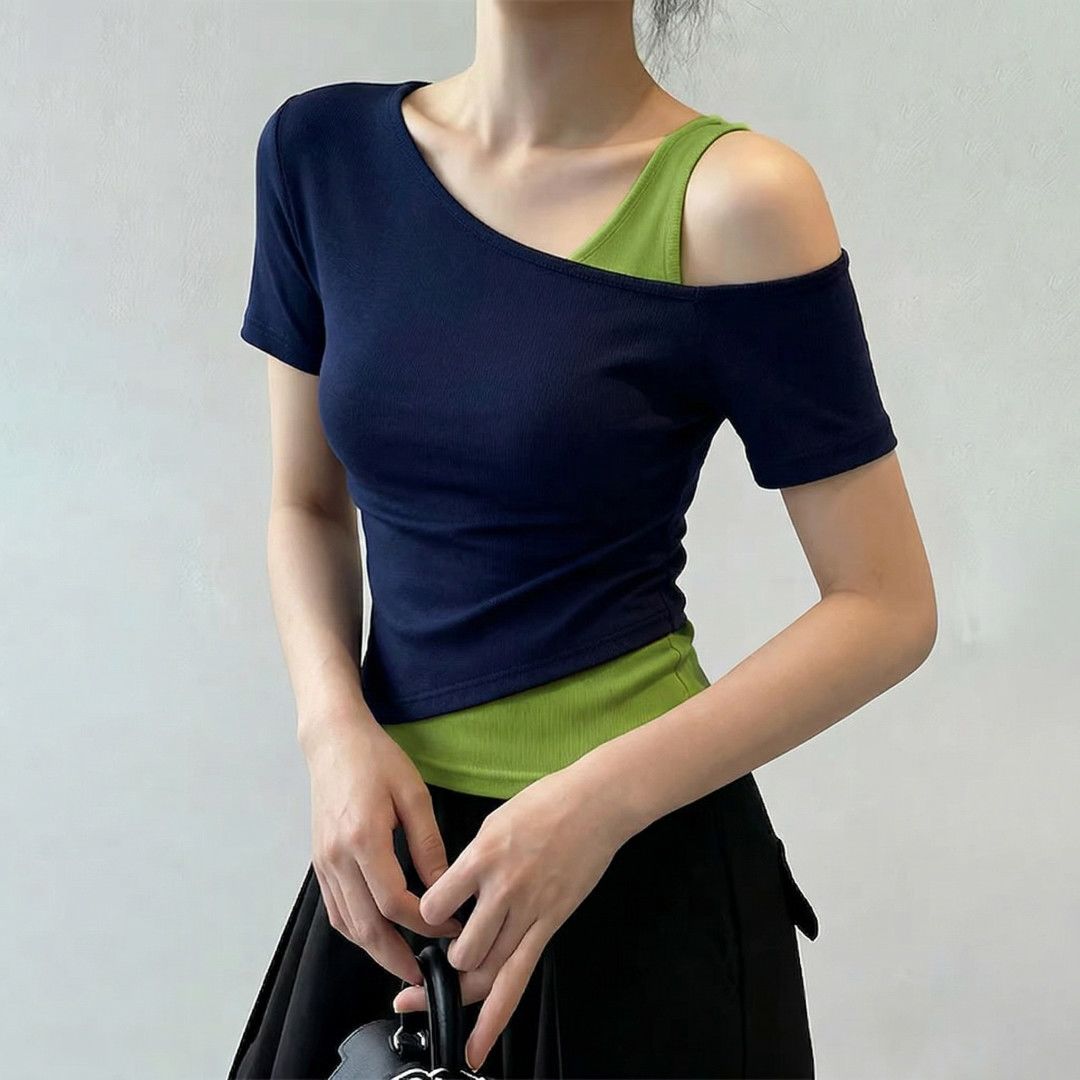 斜肩假兩件修身顯瘦拼色氣質休閒T恤