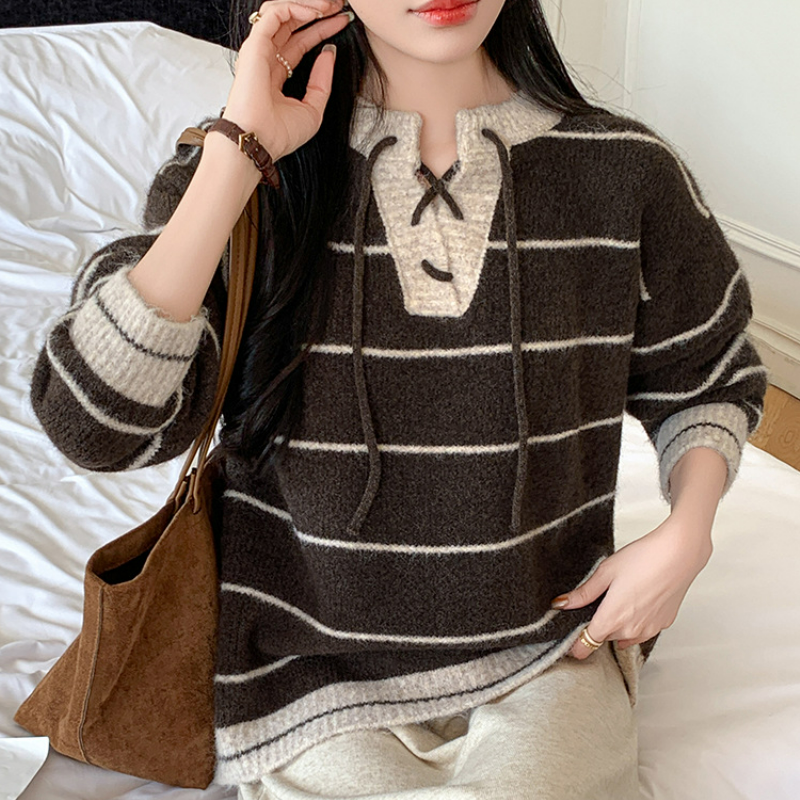 條紋套頭系帶開領高級感撞色針織衫