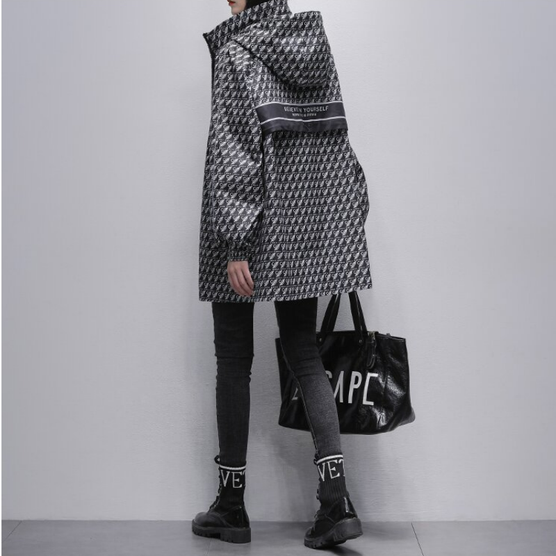 千鳥格黑色風衣中長版休閒寬鬆顯瘦連帽外套(預售7天左右發貨)