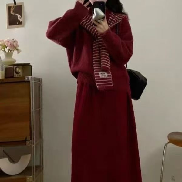 【整套】帶帽俏皮羊毛條紋披肩百搭針織衫+微彈保暖半身裙兩件套裝