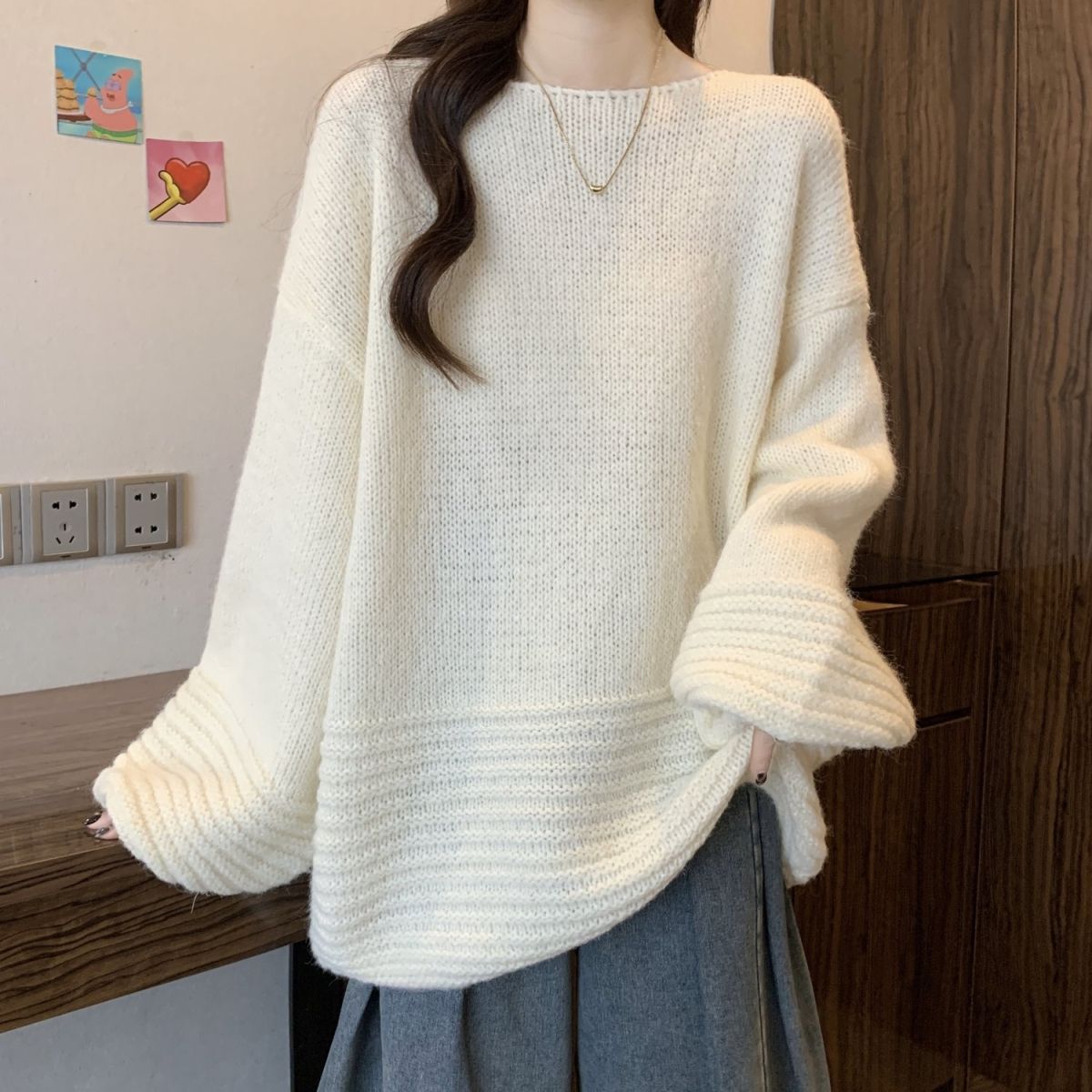 寬松燈籠袖大碼中長款軟糯慵懶風針織毛衣-lululam