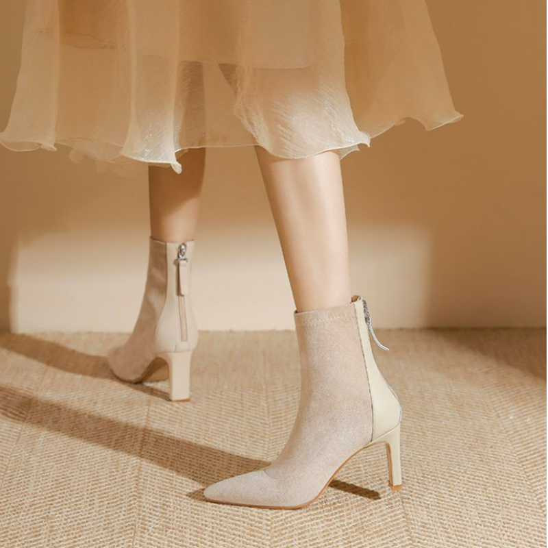 尖頭百搭粗跟絨面短靴高跟靴