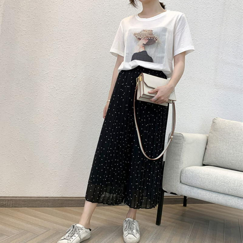 大碼百褶雪紡高腰寬鬆顯瘦九分闊腿褲-lululam