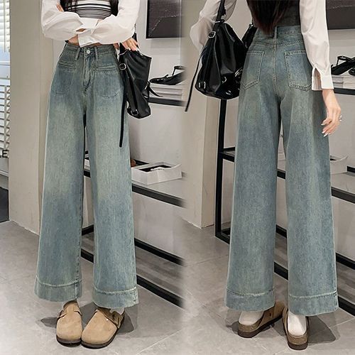 窄版高腰直筒捲邊顯瘦百搭闊腿牛仔褲