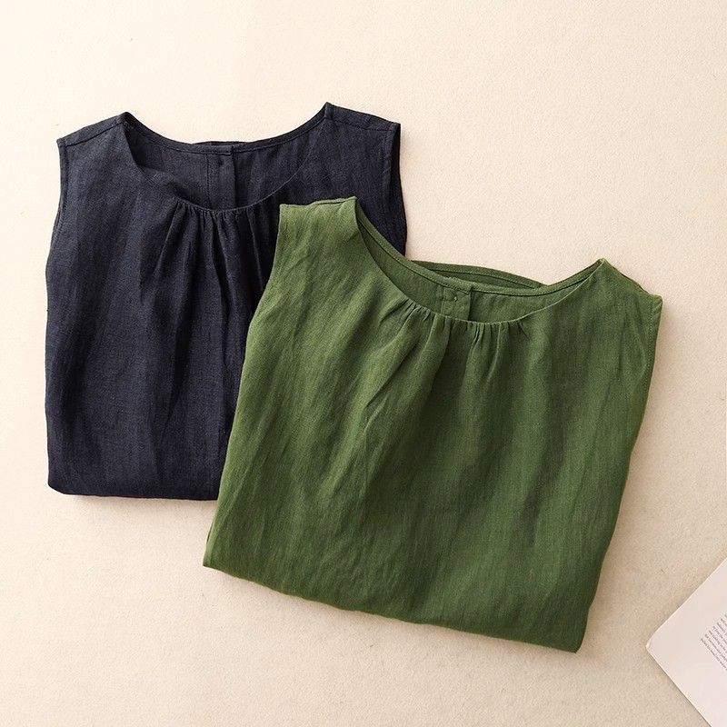 文藝風素色棉麻薄款寬鬆顯瘦無袖背心-lululam