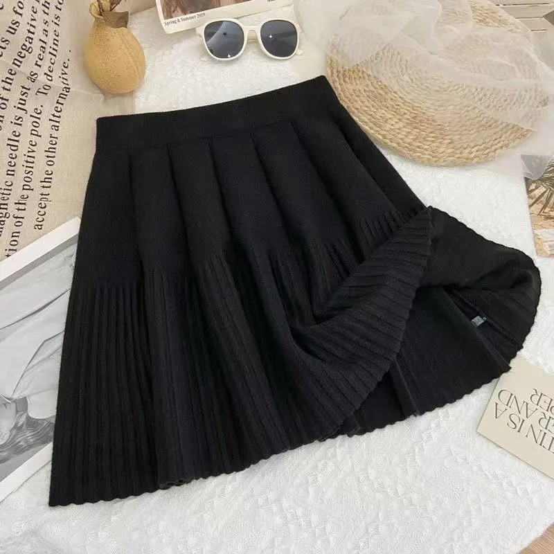 設計感顯瘦高腰針織裙遮跨A字百褶半身裙