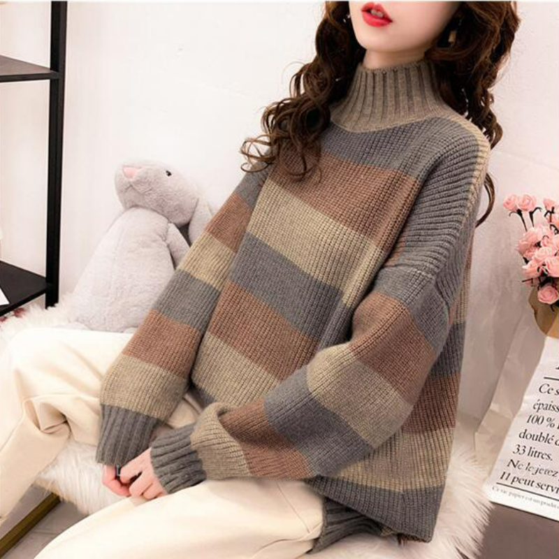 韓版半高領寬鬆中長版條紋針織打底裙