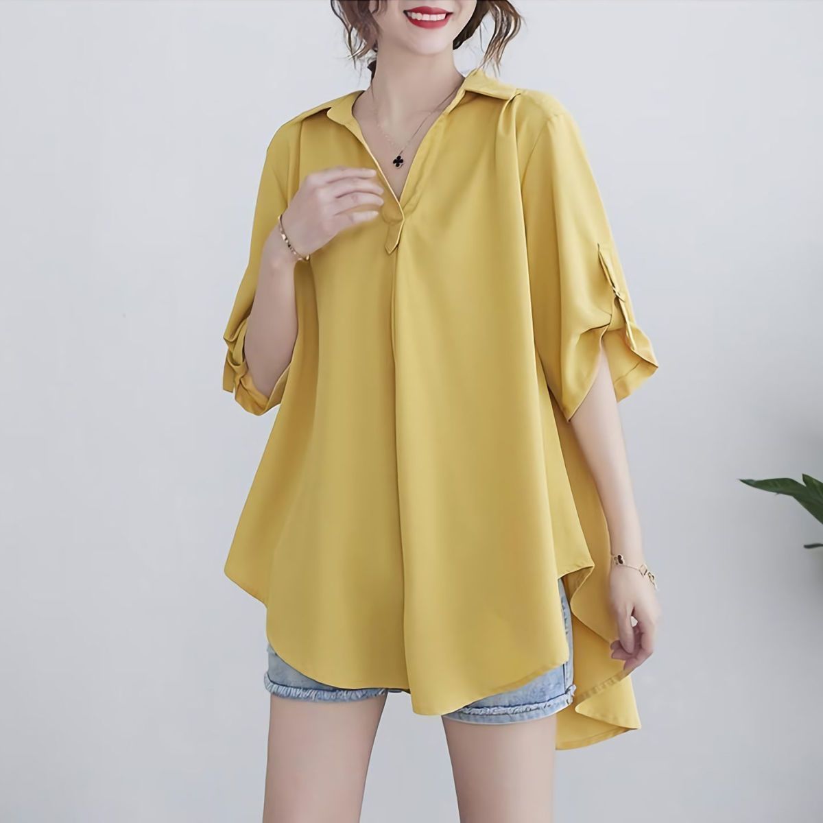 中長款大碼寬鬆收腰顯瘦短袖雪紡衫-lululam