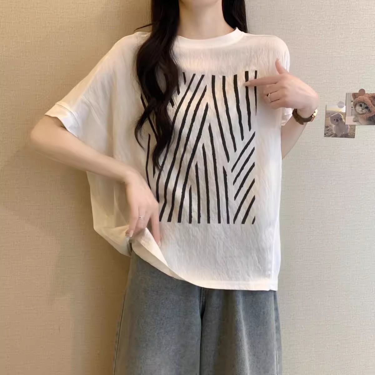 蝙蝠袖正肩顯瘦竹節冰絲印花短袖T恤-lululam