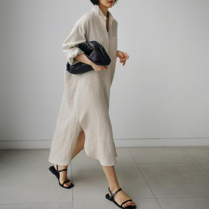 寬鬆休閒文藝顯瘦素色氣質翻領洋裝-lululam