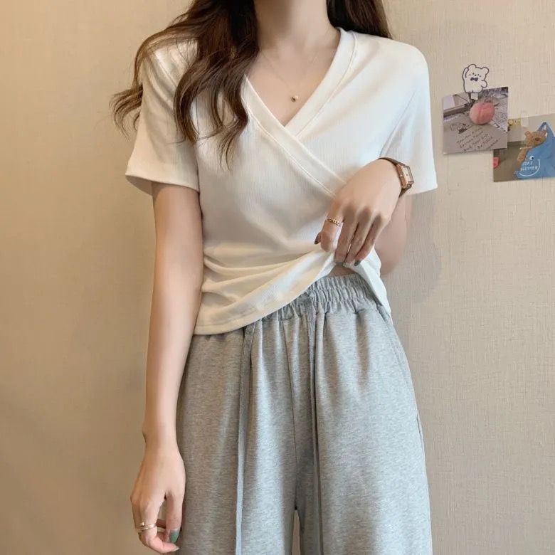 正肩純棉設計感交叉修身顯瘦短袖T恤-lululam