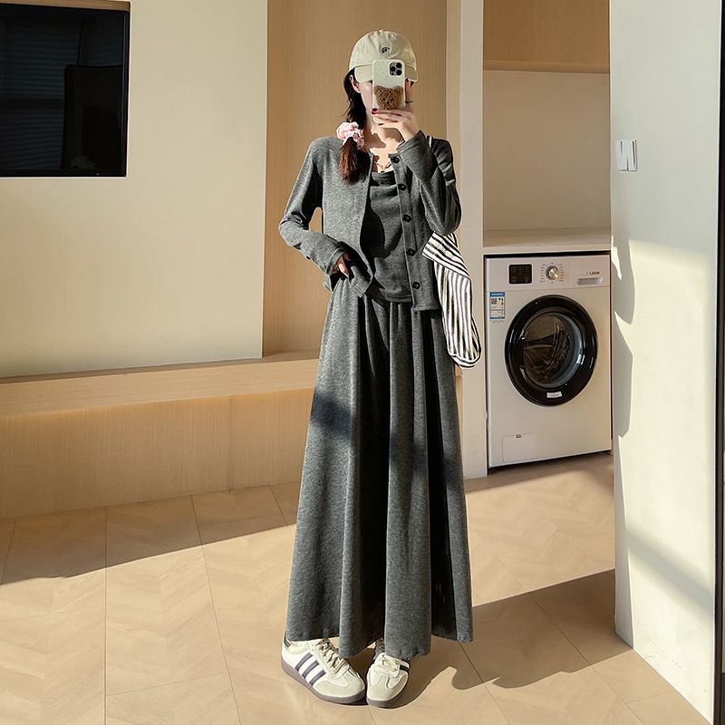 【單件/套裝】高級感韓系氣質針織開衫+吊帶+半身裙/褲子三件套-lululam