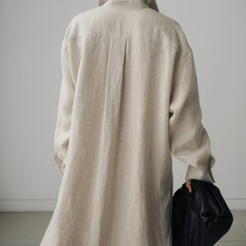 寬鬆休閒文藝顯瘦素色氣質翻領洋裝-lululam