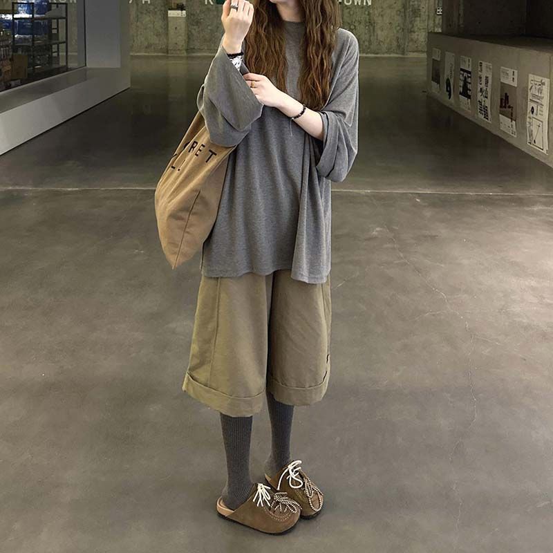 【單品/套裝】慵懶風寬鬆百搭長袖T恤高腰休閒褲兩件套裝-lululam