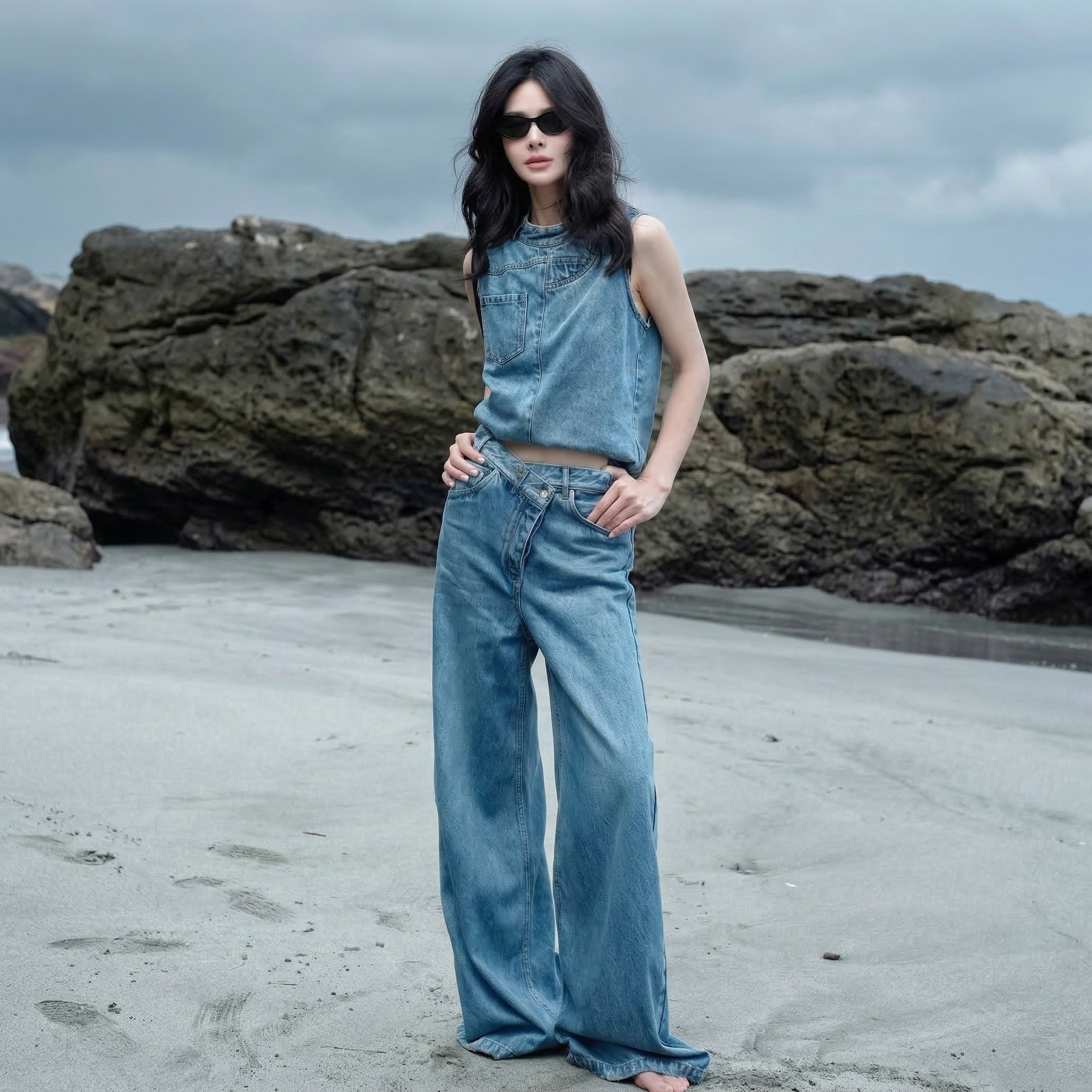 【單件/套裝】減齡氣質牛仔背心+闊腿褲兩件套