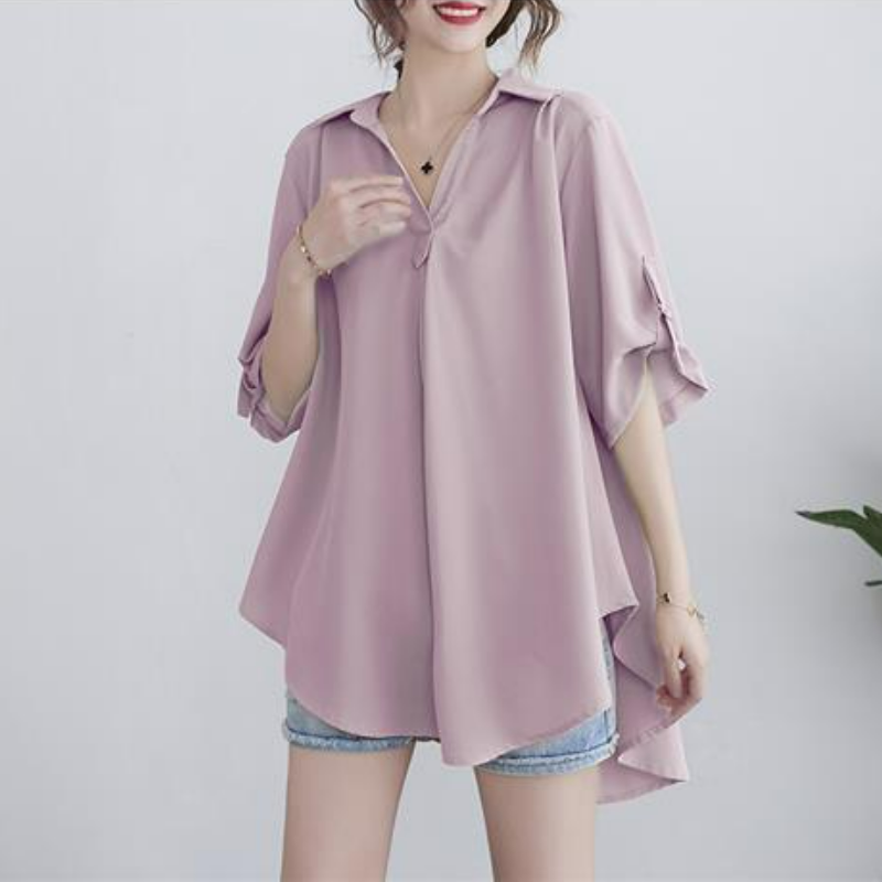 中長款大碼寬鬆收腰顯瘦短袖雪紡衫-lululam