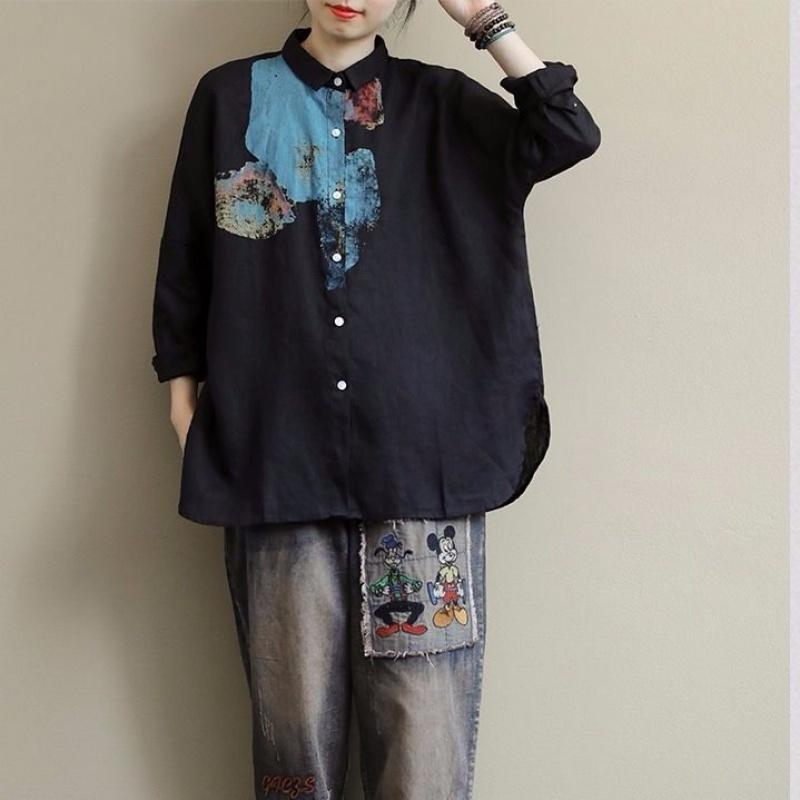 文藝印花長袖大碼寬松百搭棉麻襯衫-lululam