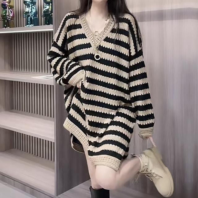 休閒顯瘦條紋氣質設計感針織連身裙-lululam
