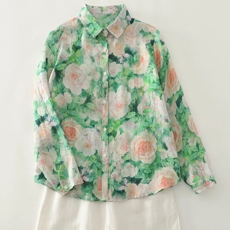 綠色碎花法式寬鬆顯瘦百搭長袖襯衫-lululam