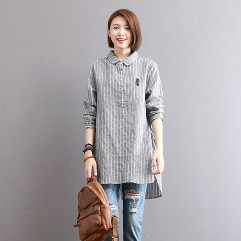 寬鬆中長款刺繡條紋長袖棉質娃娃領襯衫-lululam