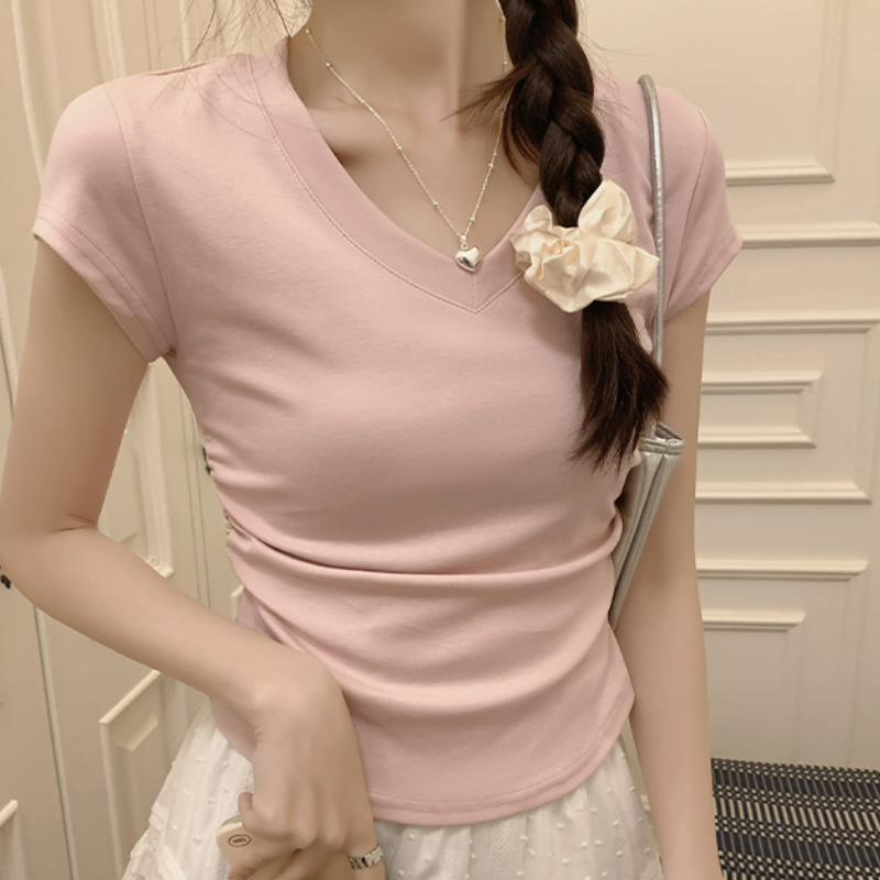 圓領設計感褶皺收腰顯瘦正肩短袖T恤-lululam